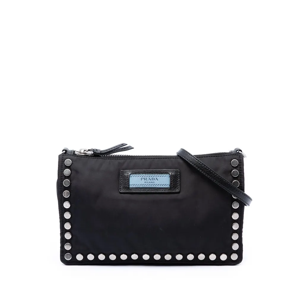 Prada Tessuto Studded Etiquette Shoulder Bag Black Very good - Front View