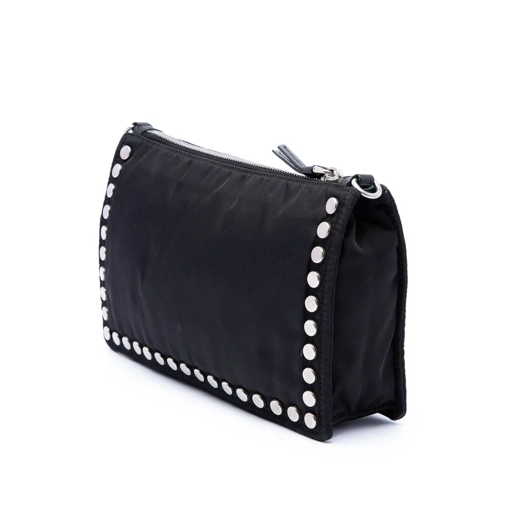 Prada Tessuto Studded Etiquette Shoulder Bag Black Very good - Back View