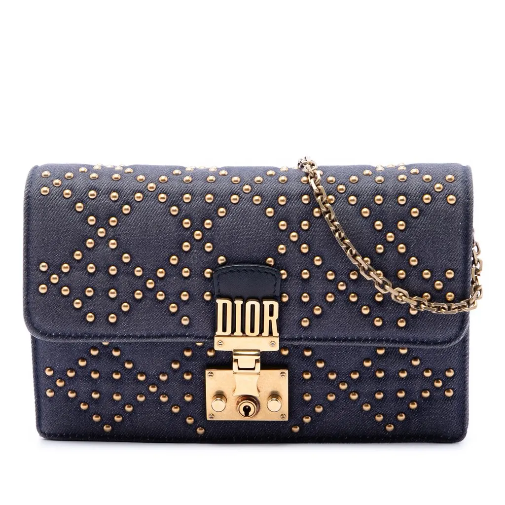 Dior Denim Cannage Studded DiorAddict Wallet on Chain Blue Very good - Front View