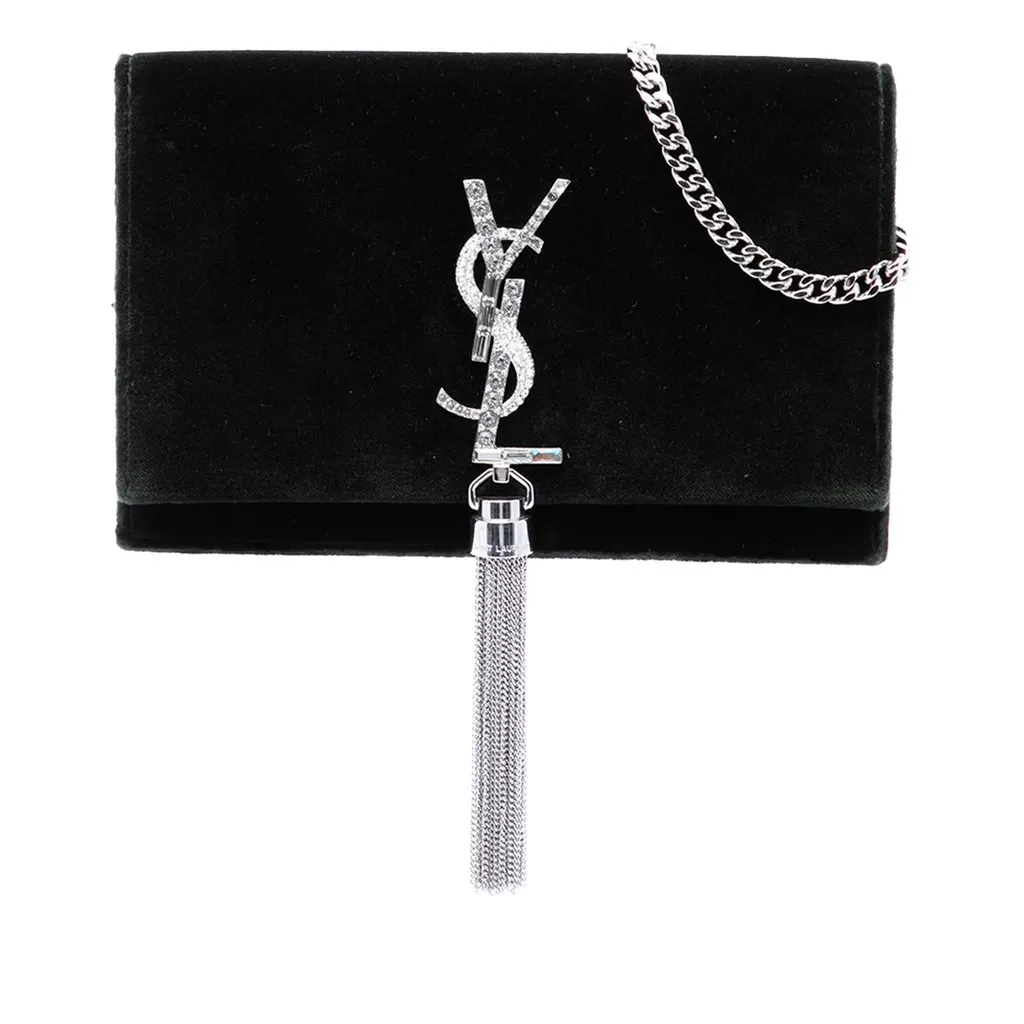 Saint Laurent Velvet Crystal Monogram Kate Tassel Wallet On Chain Green Velvet Very good - Front View