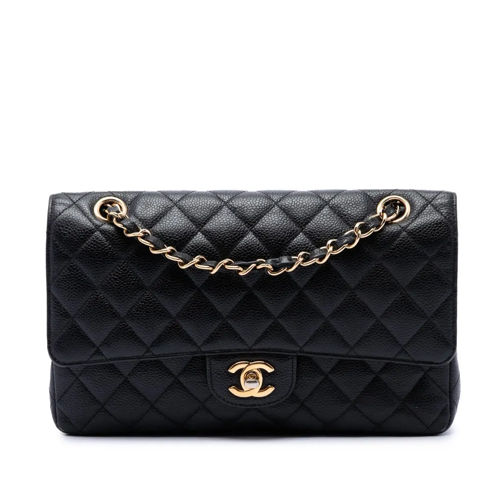 Chanel Medium Classic Caviar Double Flap Black Leather Good - Front View