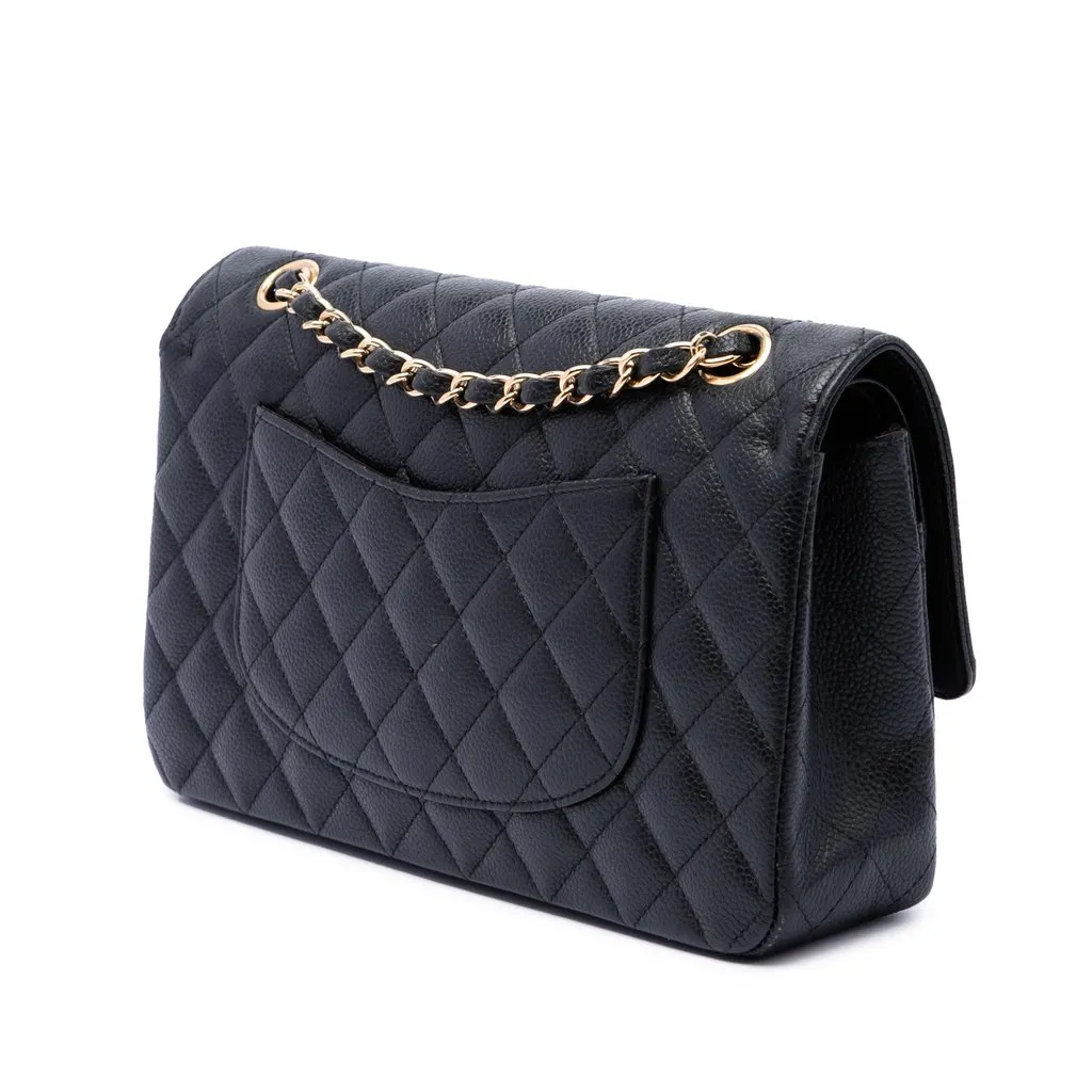 Chanel Medium Classic Caviar Double Flap Black Leather Good - Back View