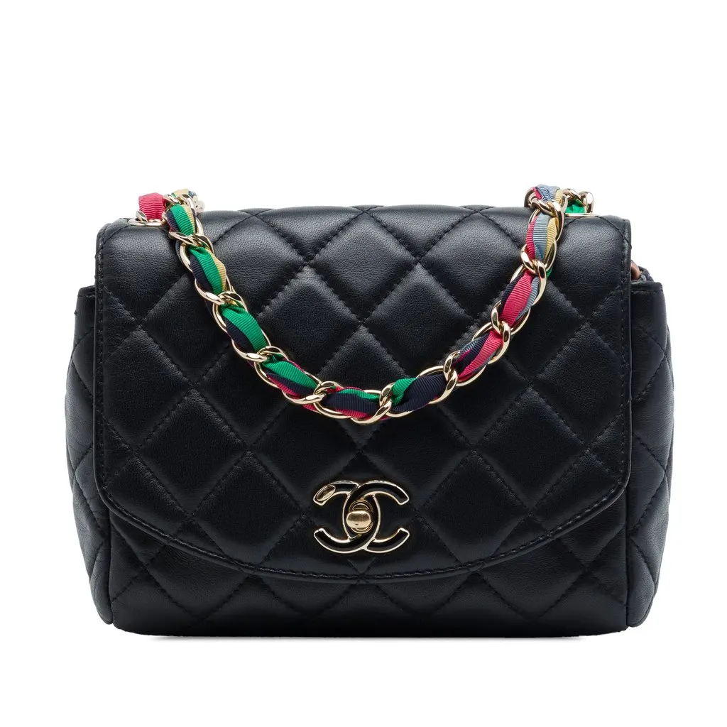 Chanel Small Quilted Lambskin Cocovado Ribbon Chain Flap Black Leather Very good - Front View