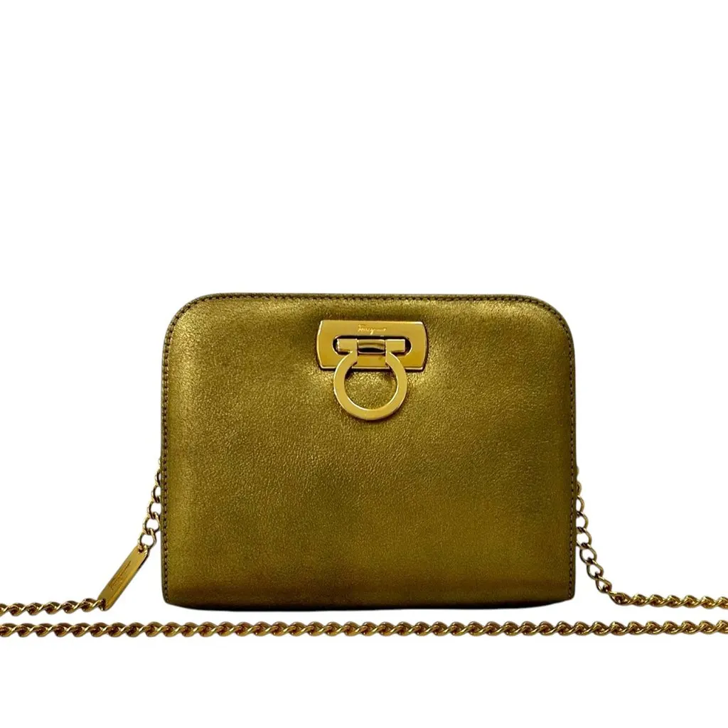 Salvatore Ferragamo Metallic Leather Gancini Chain Crossbody Gold Leather Very good - Front View
