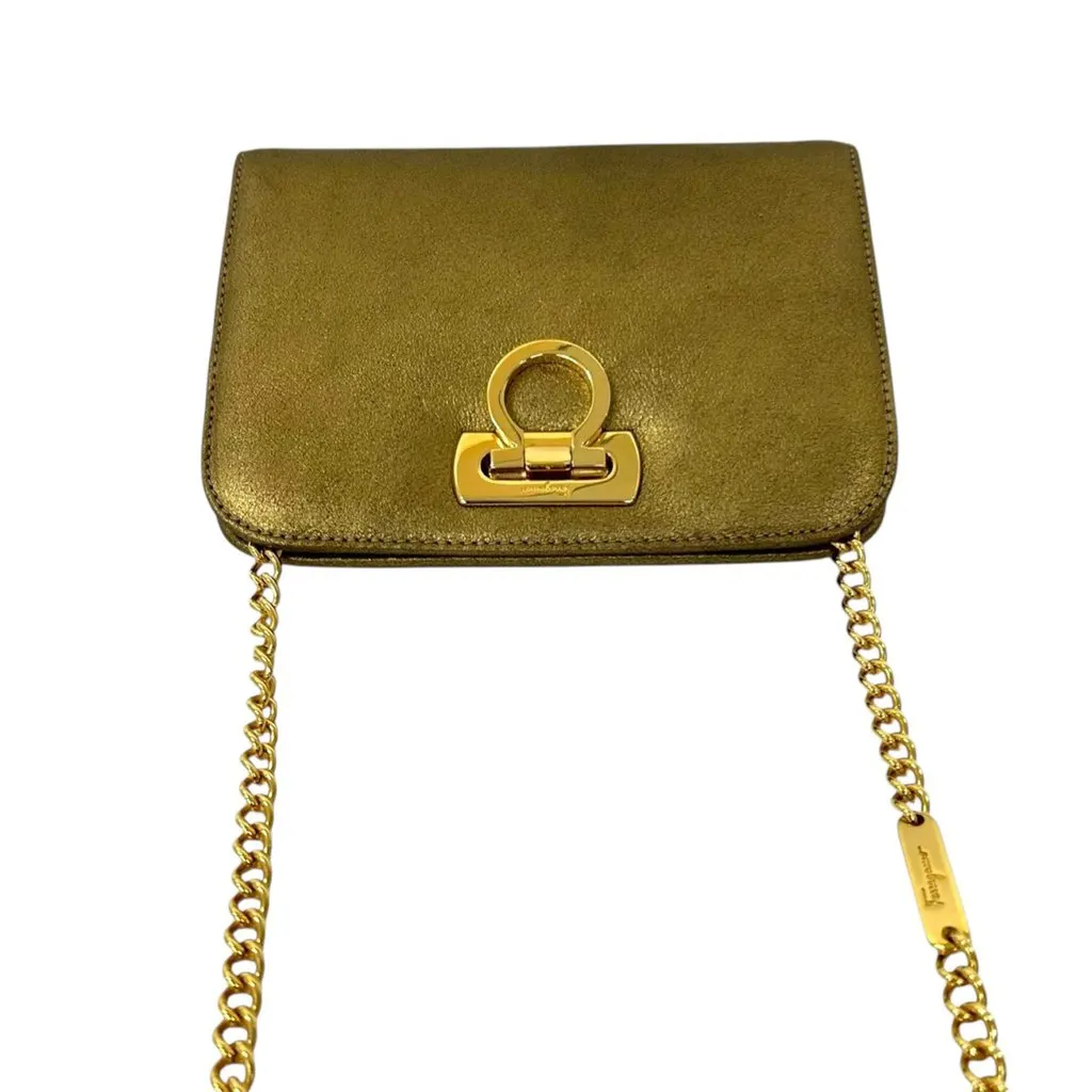 Salvatore Ferragamo Metallic Leather Gancini Chain Crossbody Gold Leather Very good - Model View