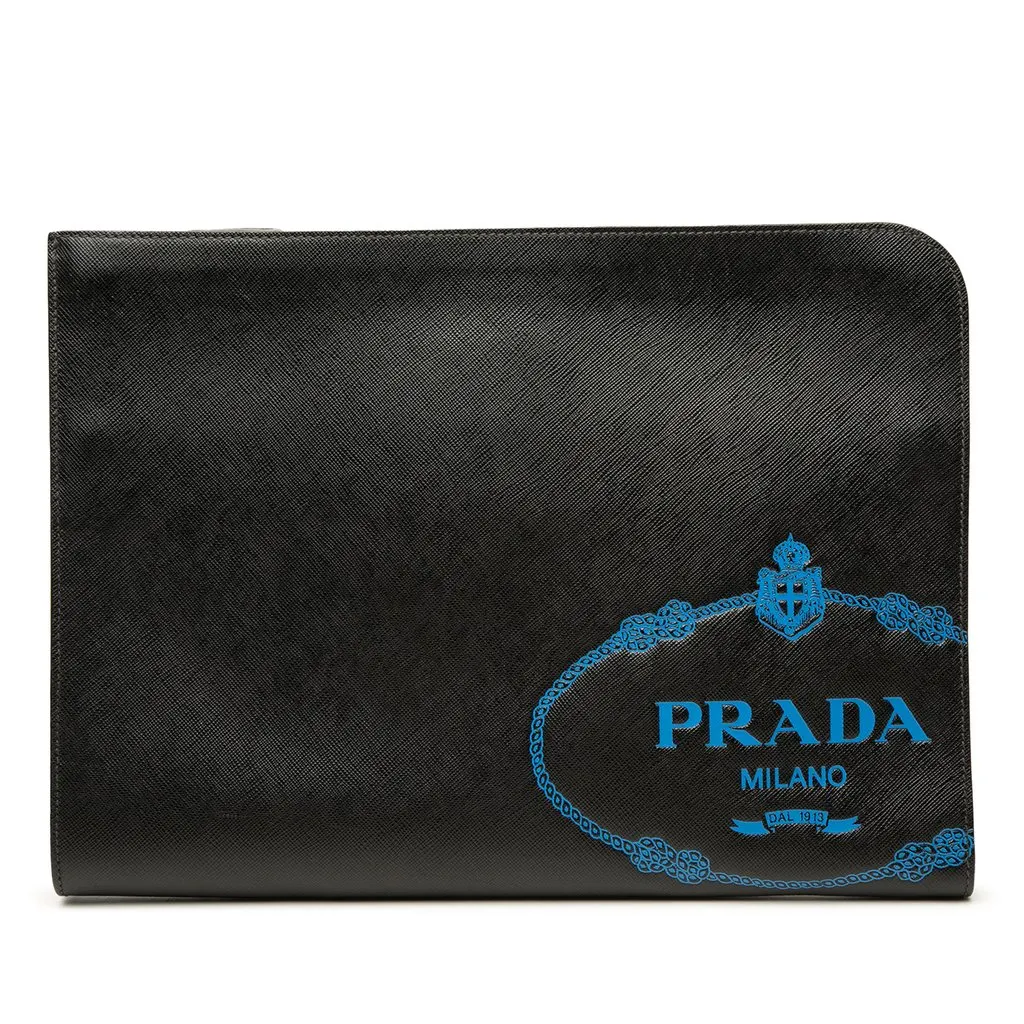 Prada Saffiano Logo Clutch Black Leather Very good - Front View