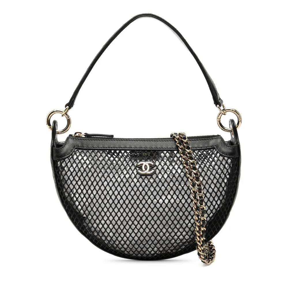 Chanel CC Mesh and Quilted Shiny Lambskin Chain Hobo Black Very good - Front View