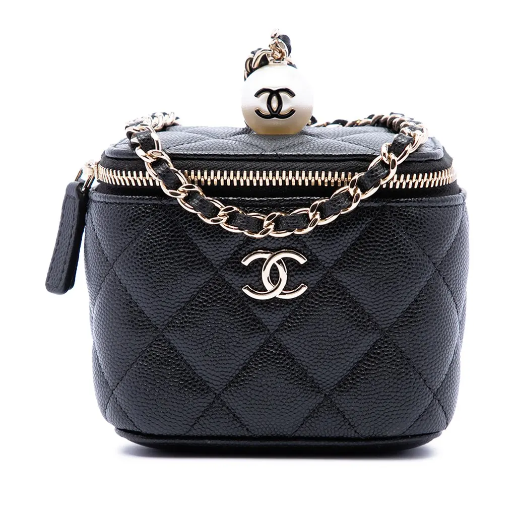 Chanel Mini Quilted Caviar Pearl On Top Vanity Case With Chain Black Leather Very good - Front View