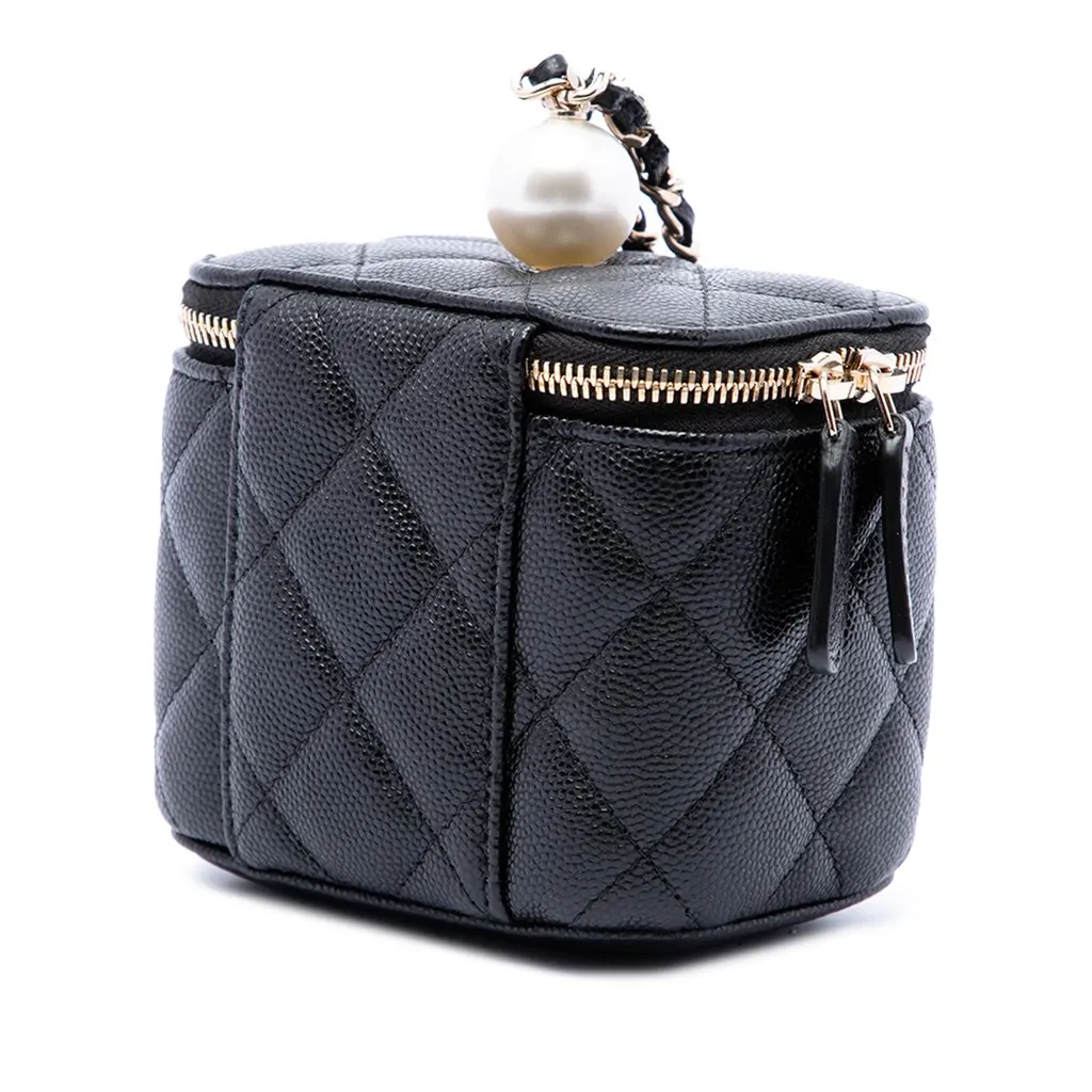 Chanel Mini Quilted Caviar Pearl On Top Vanity Case With Chain Black Leather Very good - Back View