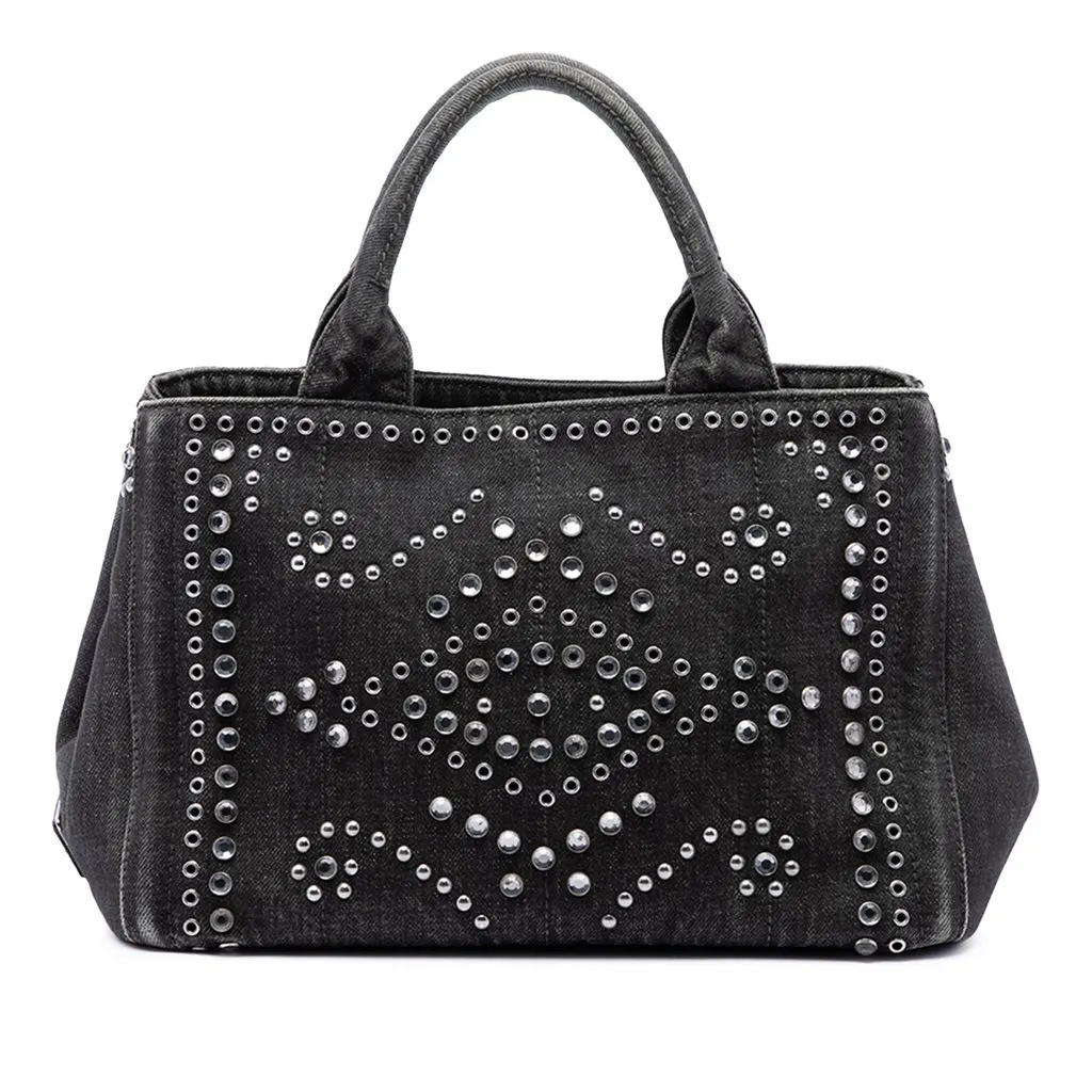 Prada Studded Denim Canapa Logo Tote Grey Denim Good - Front View