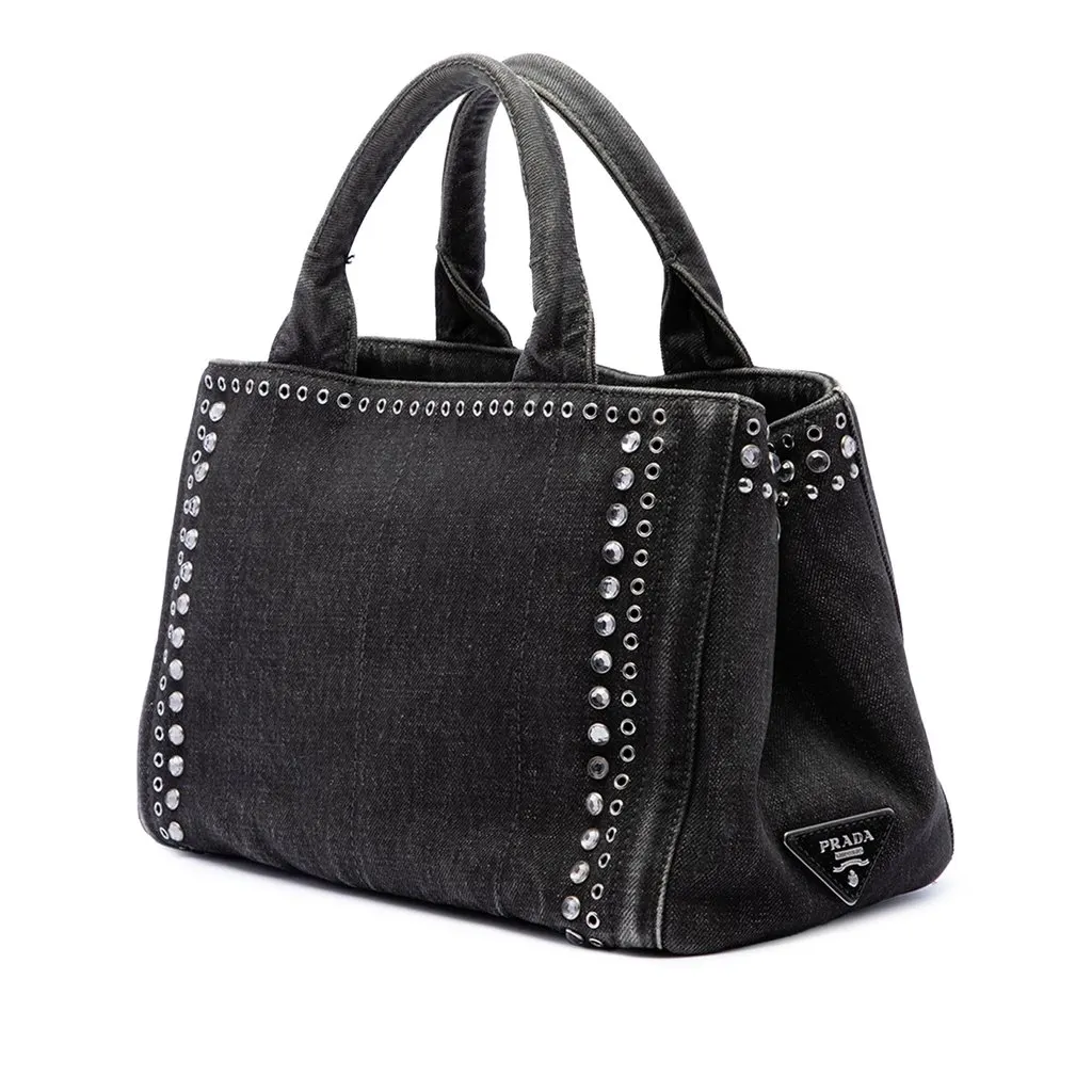 Prada Studded Denim Canapa Logo Tote Grey Denim Good - Back View