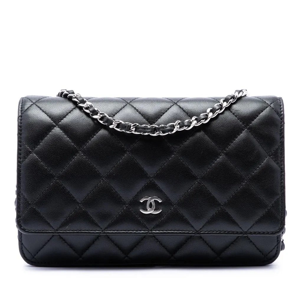 Chanel CC Quilted Lambskin Wallet On Chain Black Leather Very good - Front View