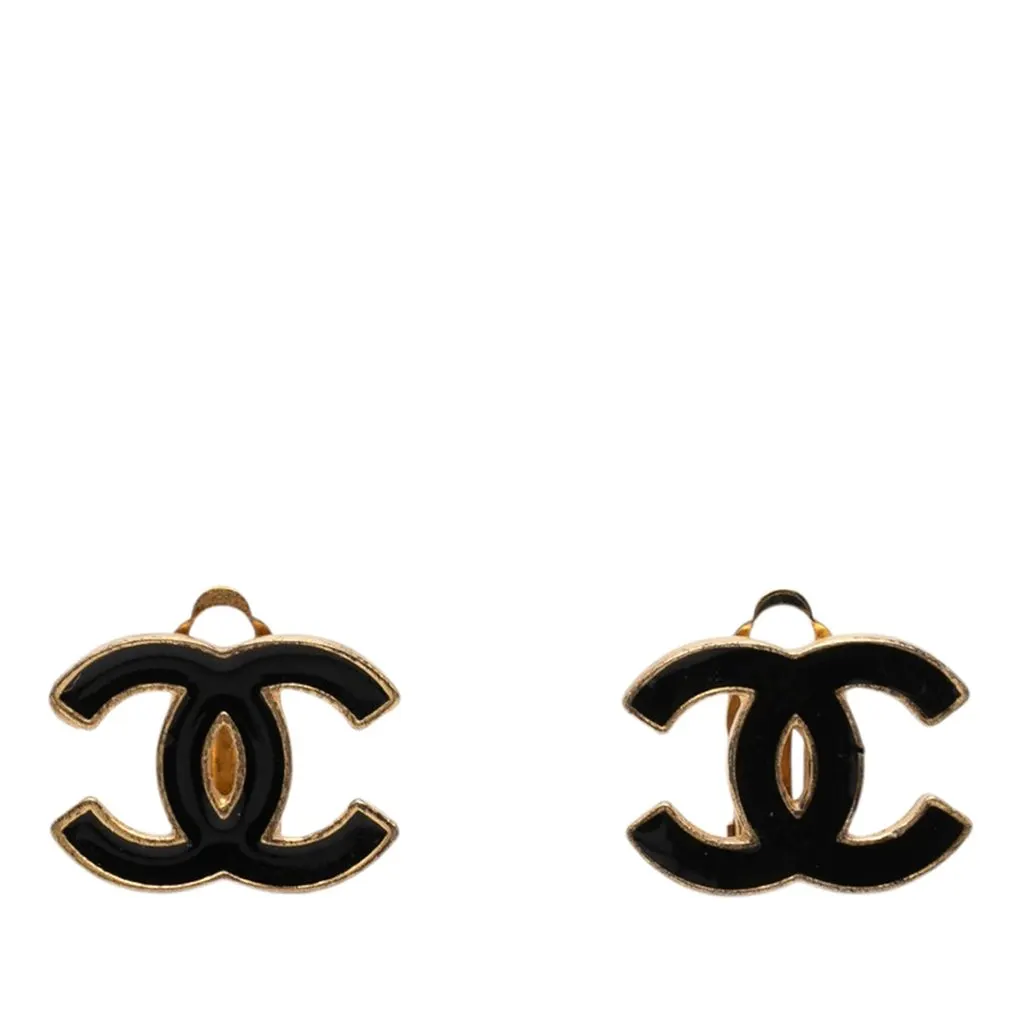 Chanel CC Enamel and Gold Plated Clip On Earrings Black Very good - Front View