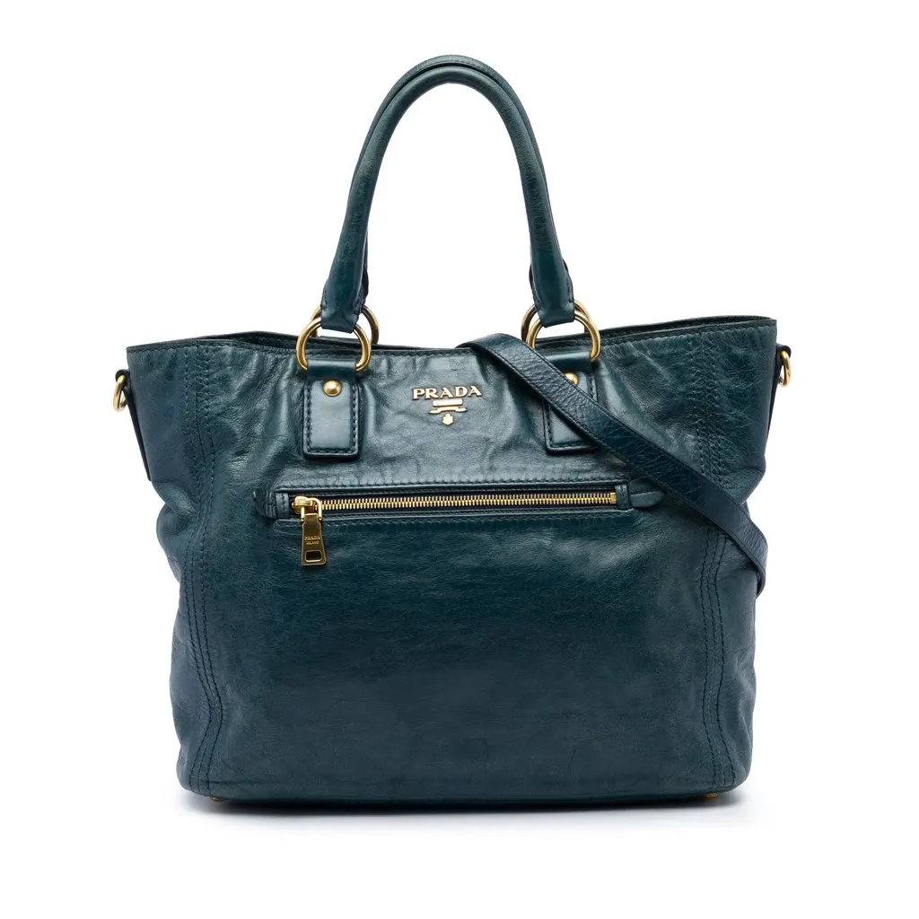 Prada Vitello Shine Front Pocket Convertible Tote Green Leather Very good - Front View