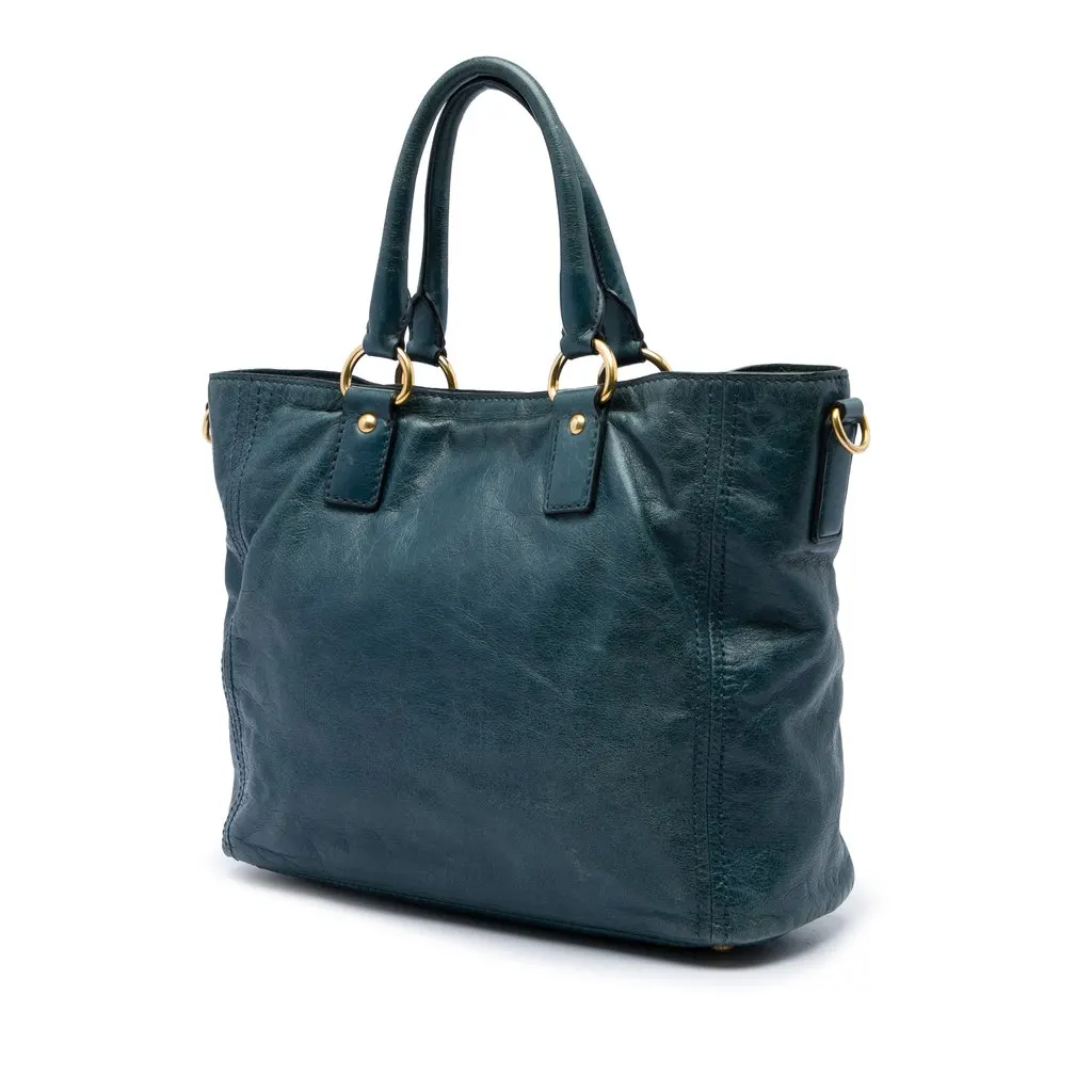 Prada Vitello Shine Front Pocket Convertible Tote Green Leather Very good - Back View