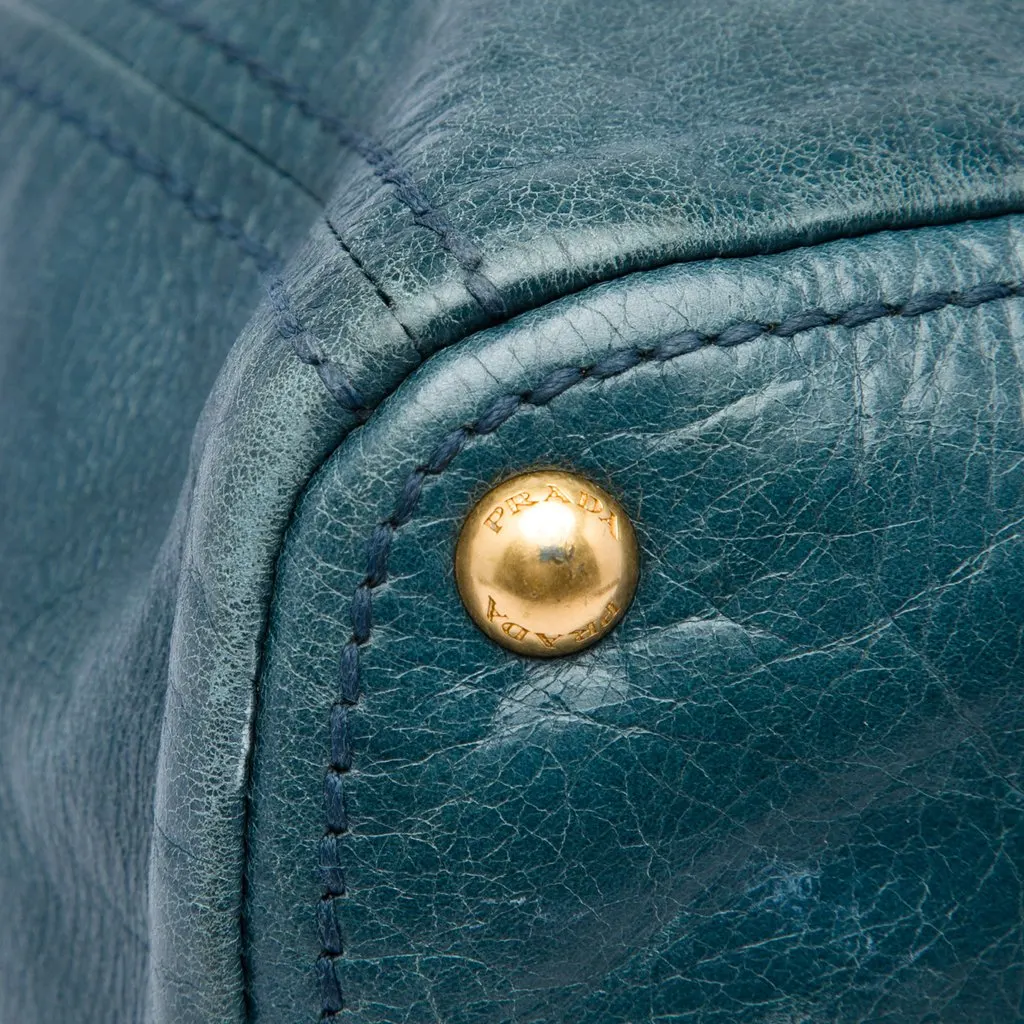Prada Vitello Shine Front Pocket Convertible Tote Green Leather Very good - Box View