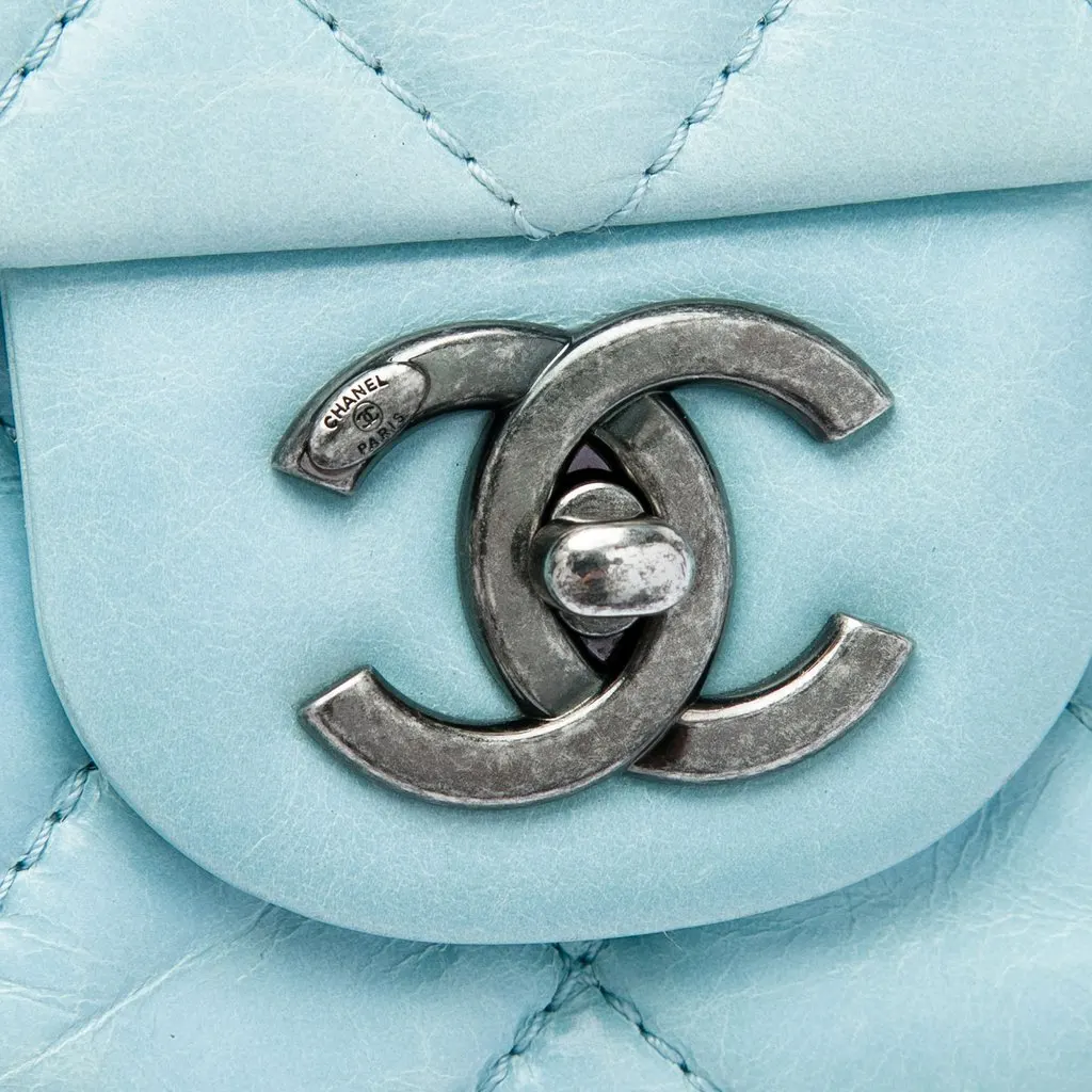 Chanel Large Quilted Aged Calfskin Coco Soft Flap Blue Leather Very good - Box View