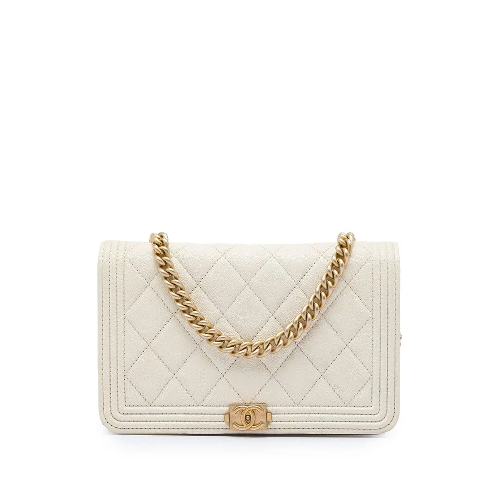 Chanel Quilted Caviar Boy Wallet on Chain White Leather Very good - Front View