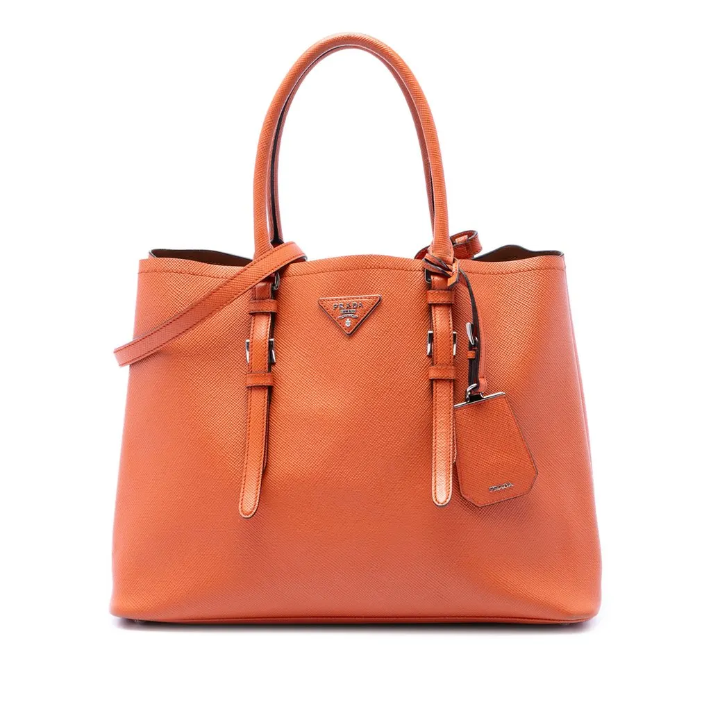Prada Medium Saffiano Cuir Double Handle Satchel Orange Leather Good - Front View