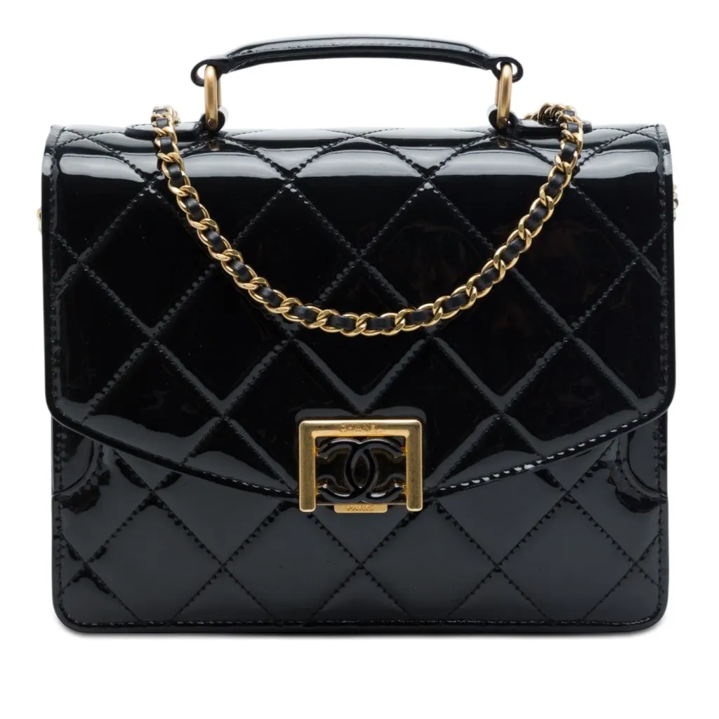 Chanel CC Quilted Patent Accordion Pushlock Top Handle Flap Black Leather Very good - Front View