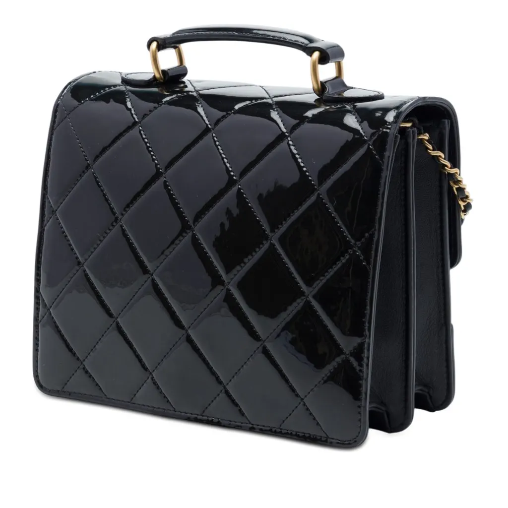 Chanel CC Quilted Patent Accordion Pushlock Top Handle Flap Black Leather Very good - Back View