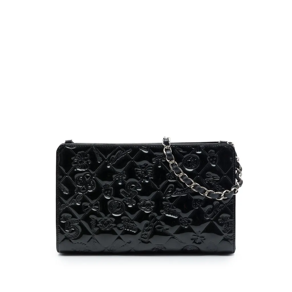 Chanel Quilted Patent Embossed Lucky Symbols Pochette Black Leather Very good - Front View