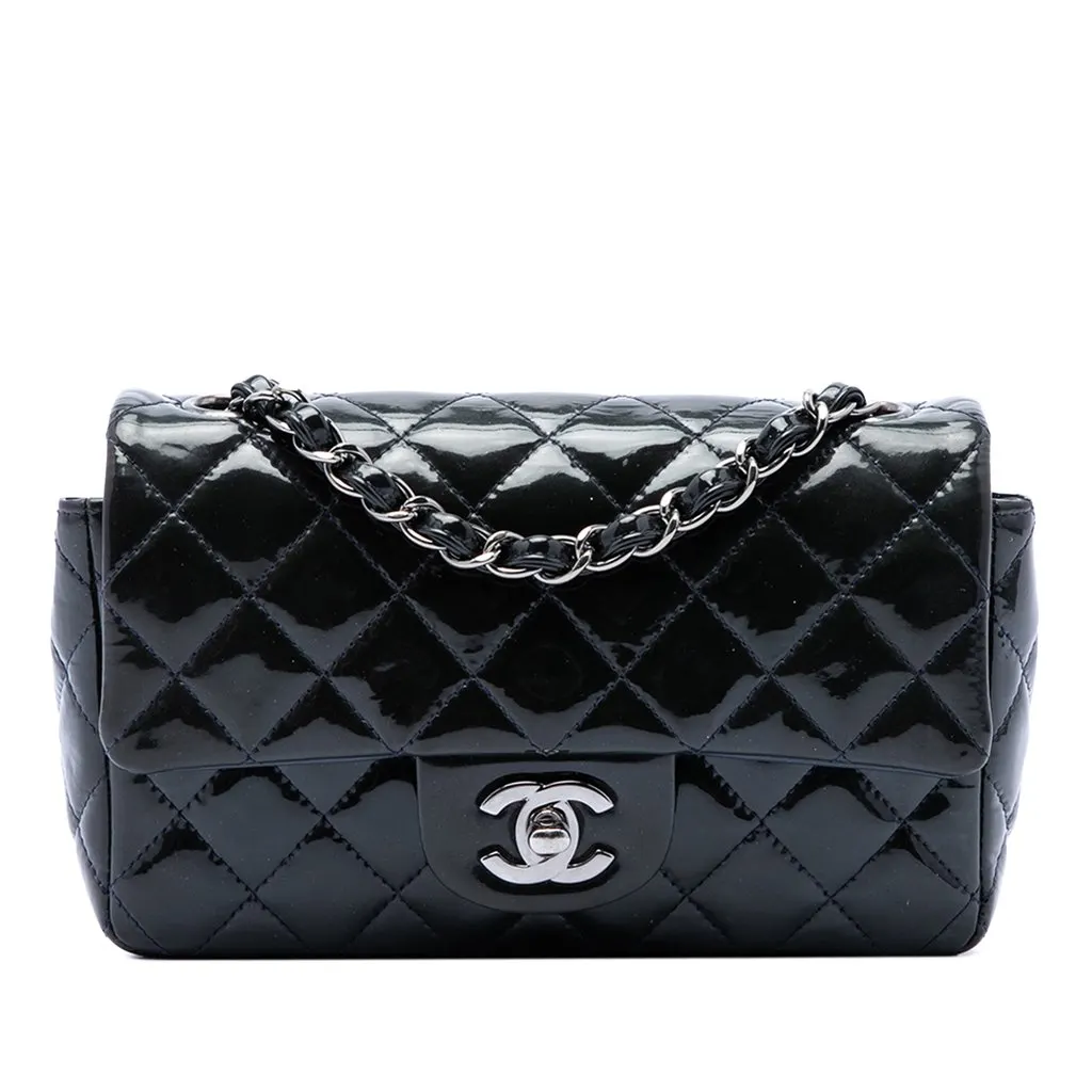 Chanel Mini Rectangular Classic Patent Single Flap Blue Leather Very good - Front View