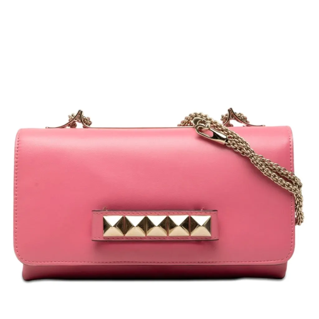 Valentino Leather Rockstud Va Va Voom Clutch on Chain Pink Leather Very good - Front View