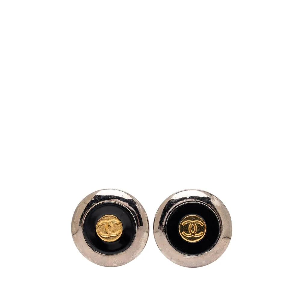 Chanel CC Two Tone Brass Enamel Clip On Earrings Silver Metal Very good - Front View