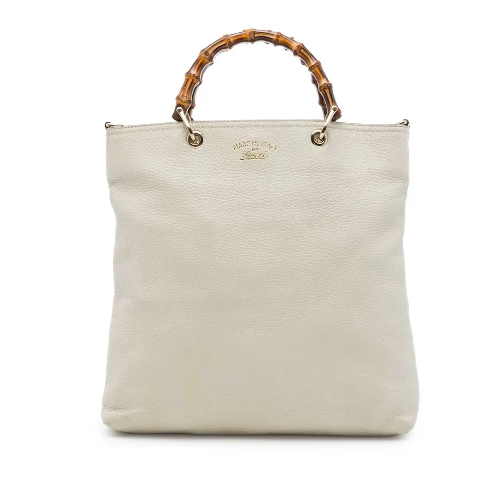Gucci Tall Calfskin Bamboo Shopper Tote White Leather Very good - Front View