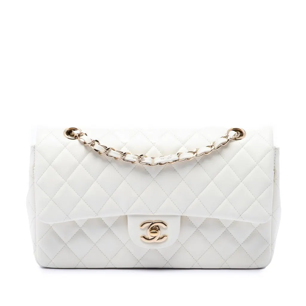 Chanel Medium Classic Lambskin Double Flap White Leather Very good - Front View