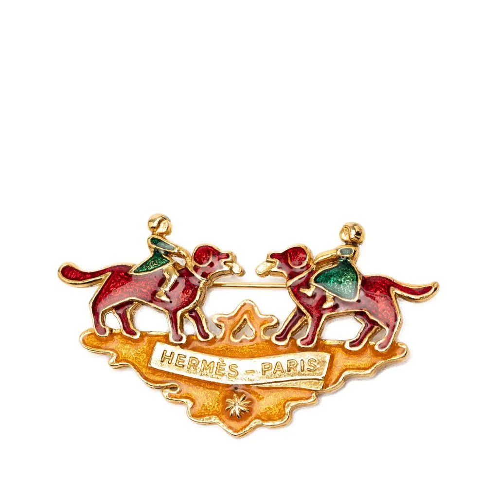 Hermès Gold Plated Enamel Children And Dogs Brooch Gold Metal Very good - Front View
