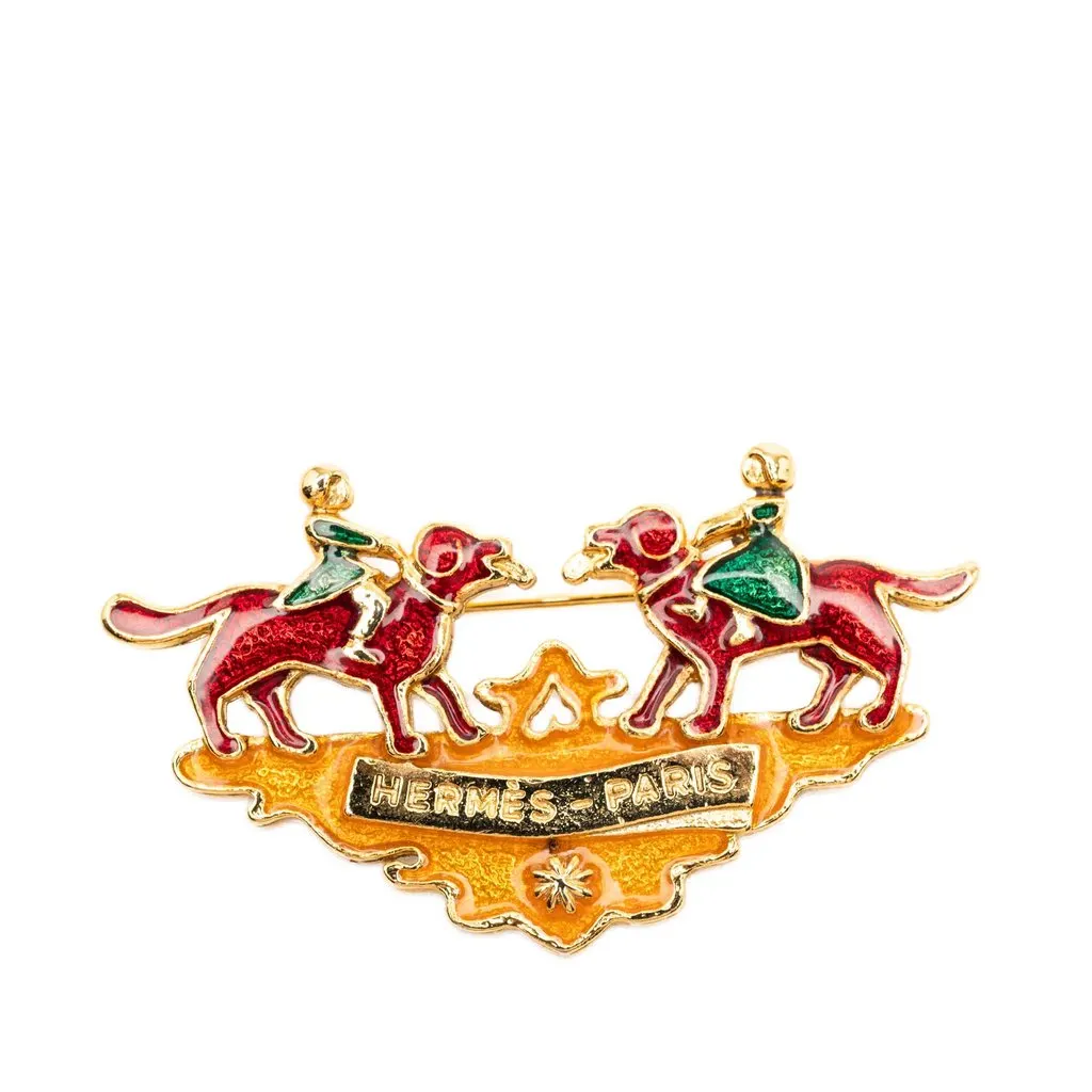 Hermès Gold Plated Enamel Children And Dogs Brooch Gold Metal Very good - Model View