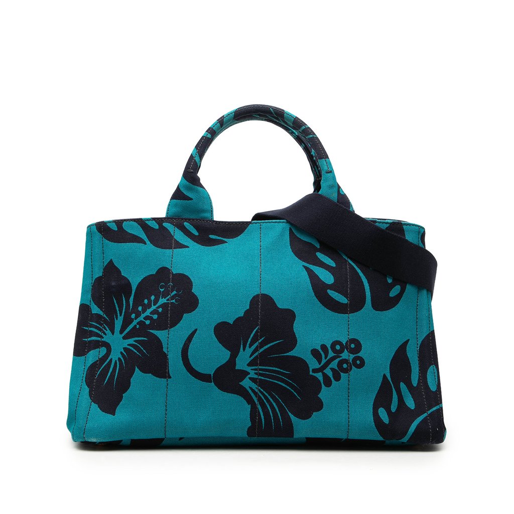 PRADA ハイビスカス柄 ヨガマットケースあり Prada Canvas Canapa Hawaii Tote Blue X-Large | Pre-Owned Dub
