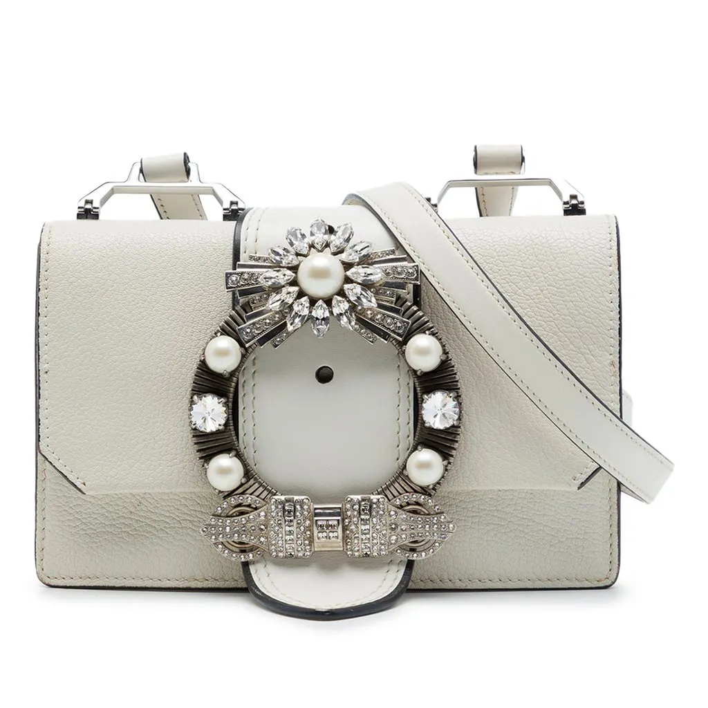 Miu Miu Goatskin Madras Soft Calf Crystal Embellished Crossbody White Leather Very good - Front View