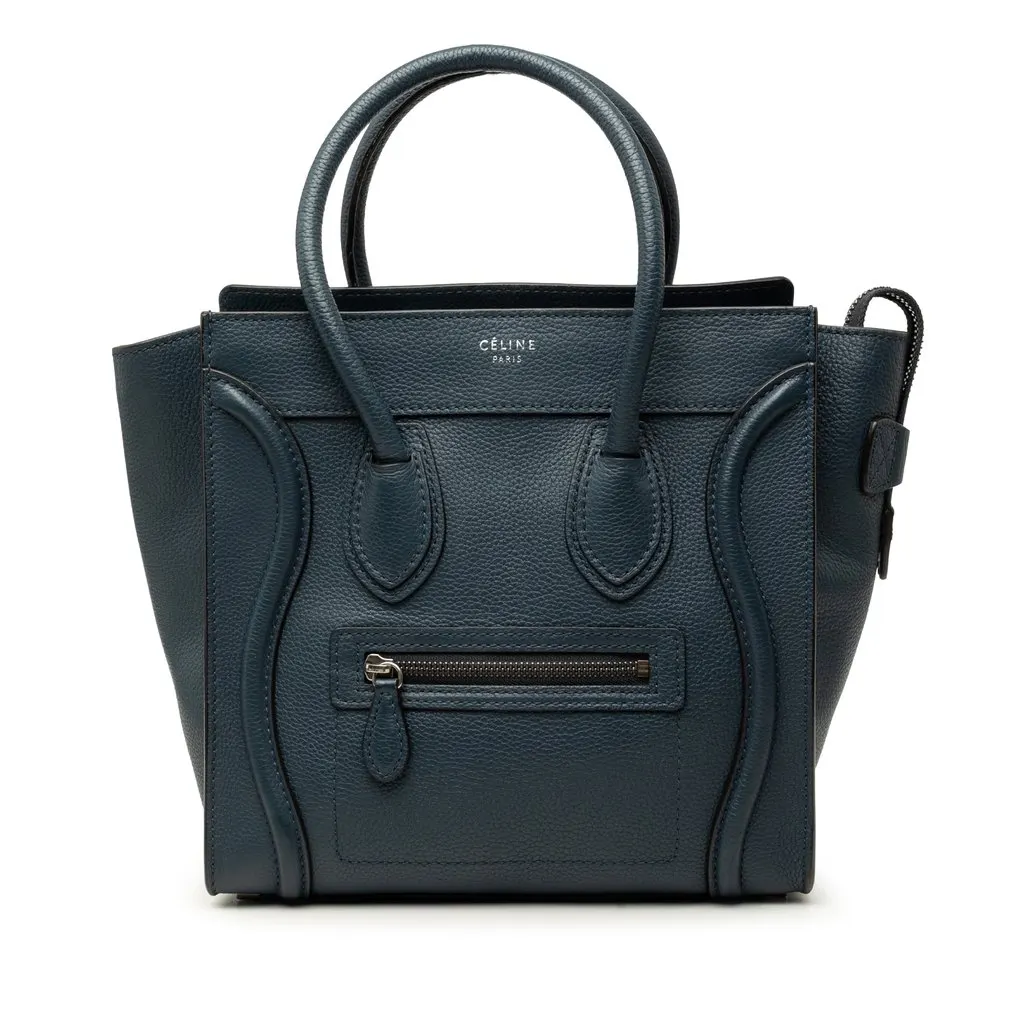 Celine Micro Drummed Calfskin Luggage Tote Blue Leather Very good - Front View