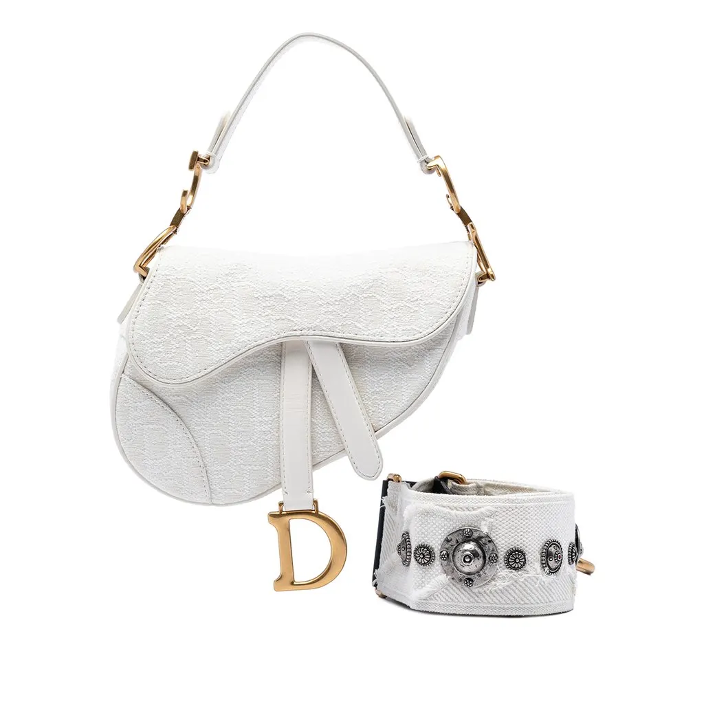 Dior Mini Oblique Embroidered Canvas Saddle Bag White Very good - Front View