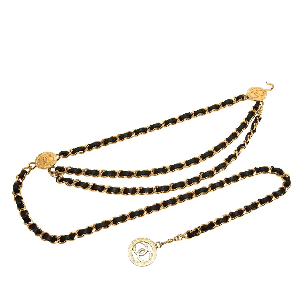 Chanel CC Gold Plated Leather Woven Medallion Triple Chain Belt Gold Metal Very good - Front View