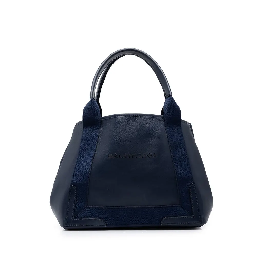 Balenciaga Calfskin Perforated Navy Cabas Tote S