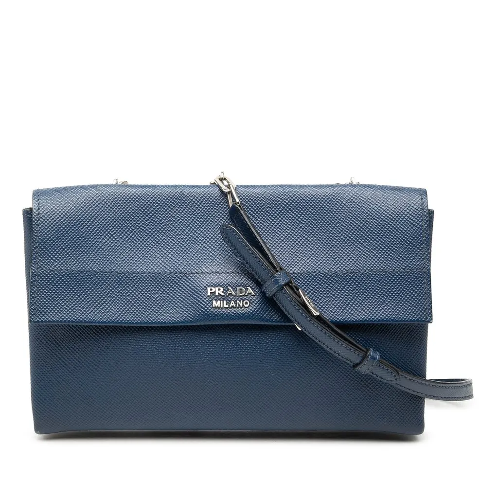 Prada Saffiano Leather Double Turnlock Crossbody Blue Leather Very good - Front View