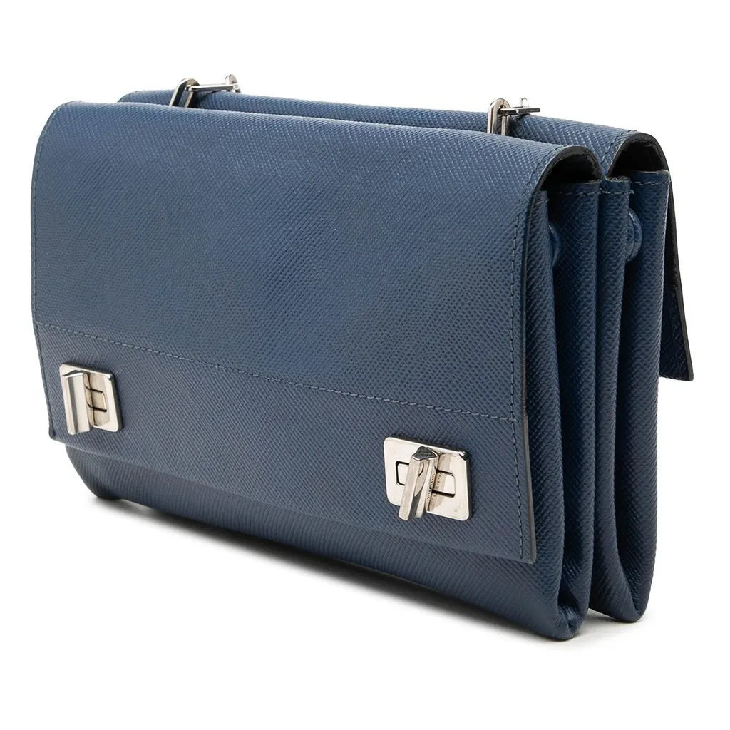 Prada Saffiano Leather Double Turnlock Crossbody Blue Leather Very good - Back View