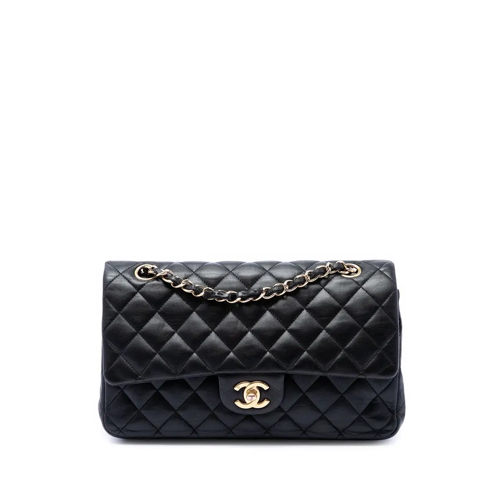 Chanel Medium Classic Lambskin Double Flap Black Leather Very good - Front View