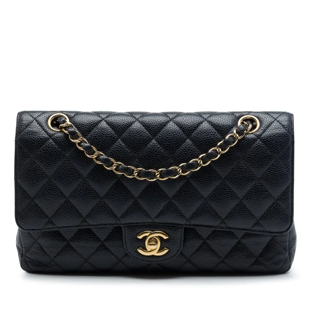 Chanel Medium Classic Caviar Double Flap Black Leather Very good - Front View