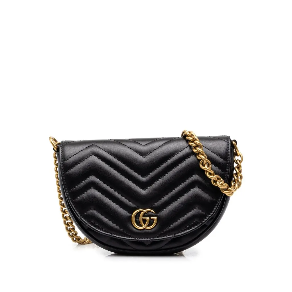 Gucci Mini GG Marmont Matelasse Calfskin Half Moon Flap Crossbody Black Leather Good - Front View