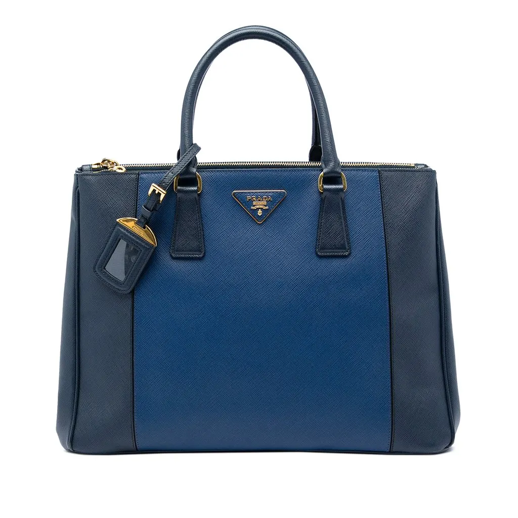 Prada Medium Bicolor Saffiano Lux Galleria Double Zip Satchel Blue Leather Good - Front View