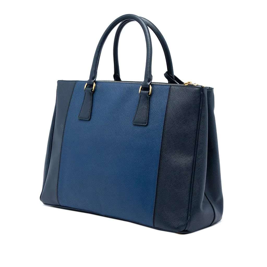 Prada Medium Bicolor Saffiano Lux Galleria Double Zip Satchel Blue Leather Good - Back View