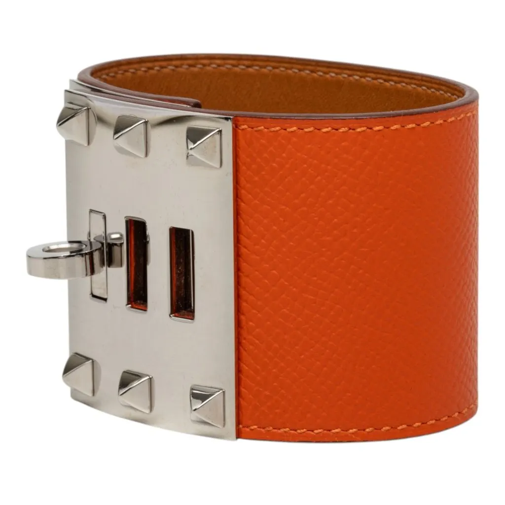 Hermès Epsom and Palladium Plated Kelly Extreme Dog Bracelet Orange Leather Very good - Back View