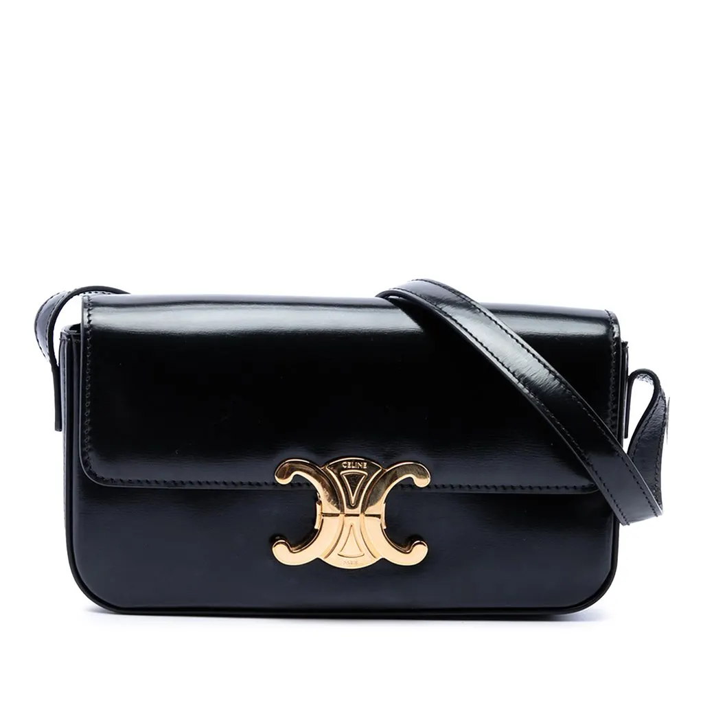 Celine Shiny Calfskin Triomphe Claude Shoulder Bag Black Leather Very good - Front View