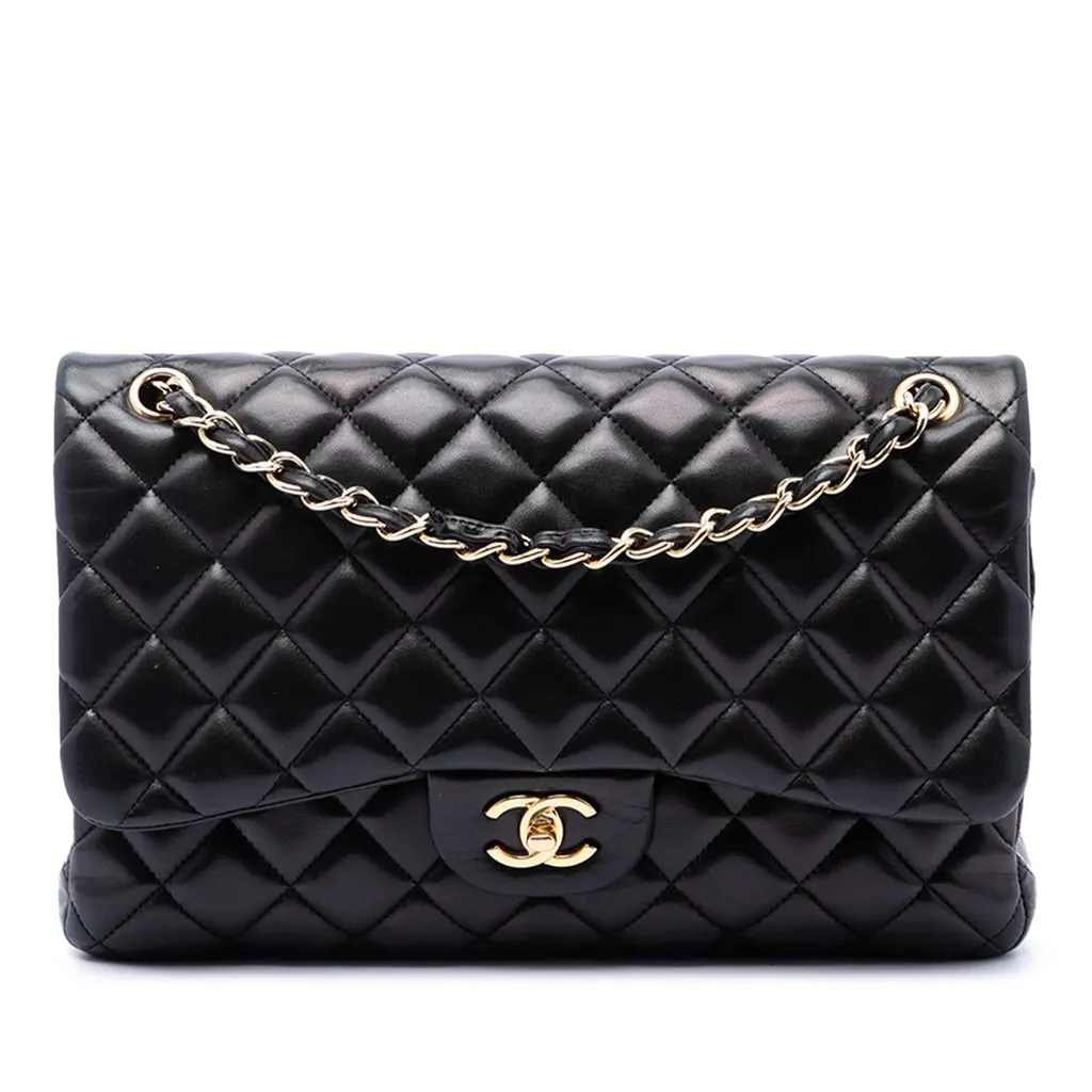 Chanel Jumbo Classic Lambskin Double Flap Black Leather Very good - Front View