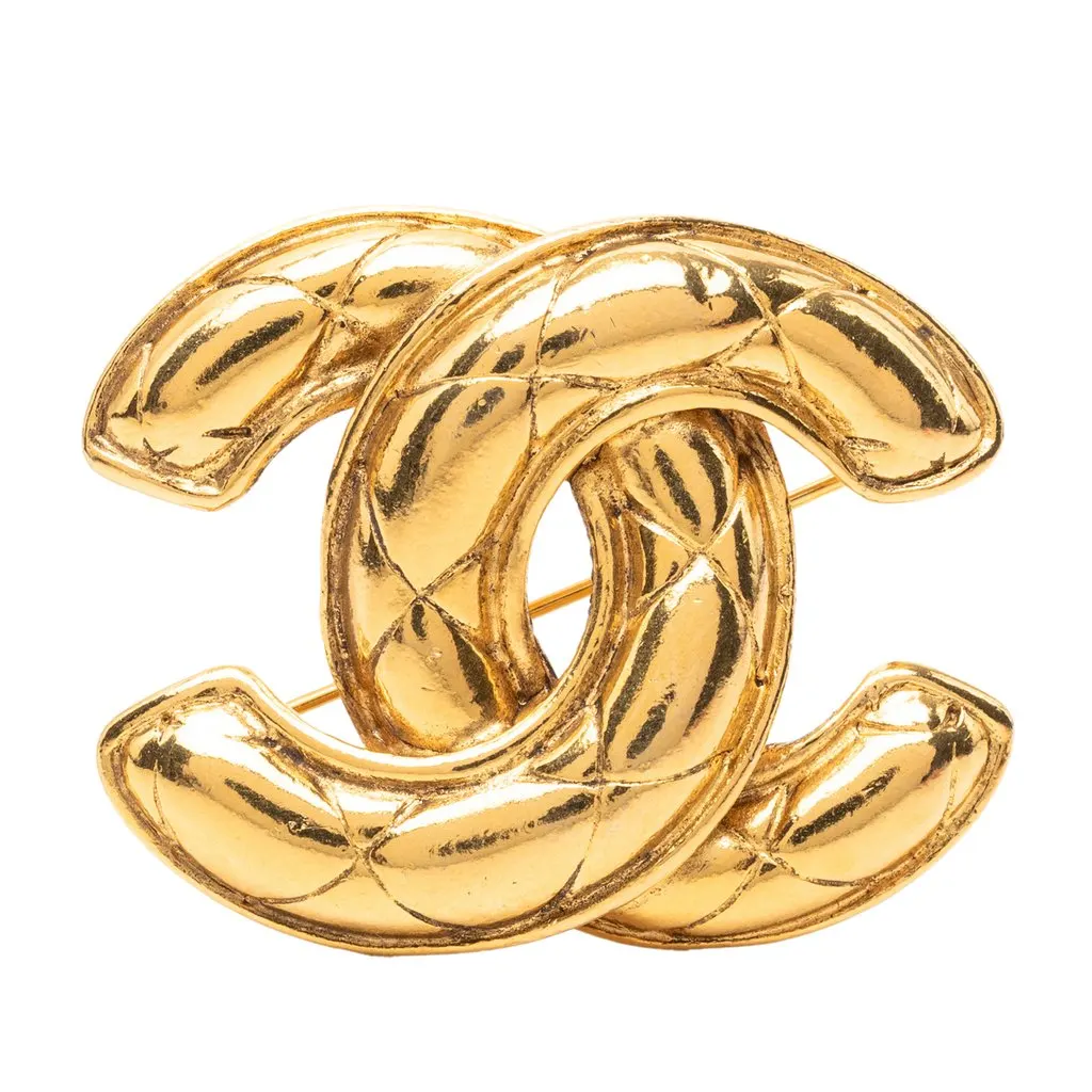 Chanel CC Gold Plated Quilted Brooch Gold Metal Very good - Front View